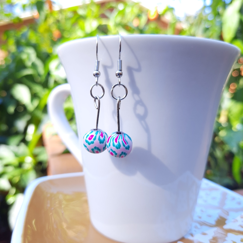 Green & Pink Floral Bead Dangle Earrings